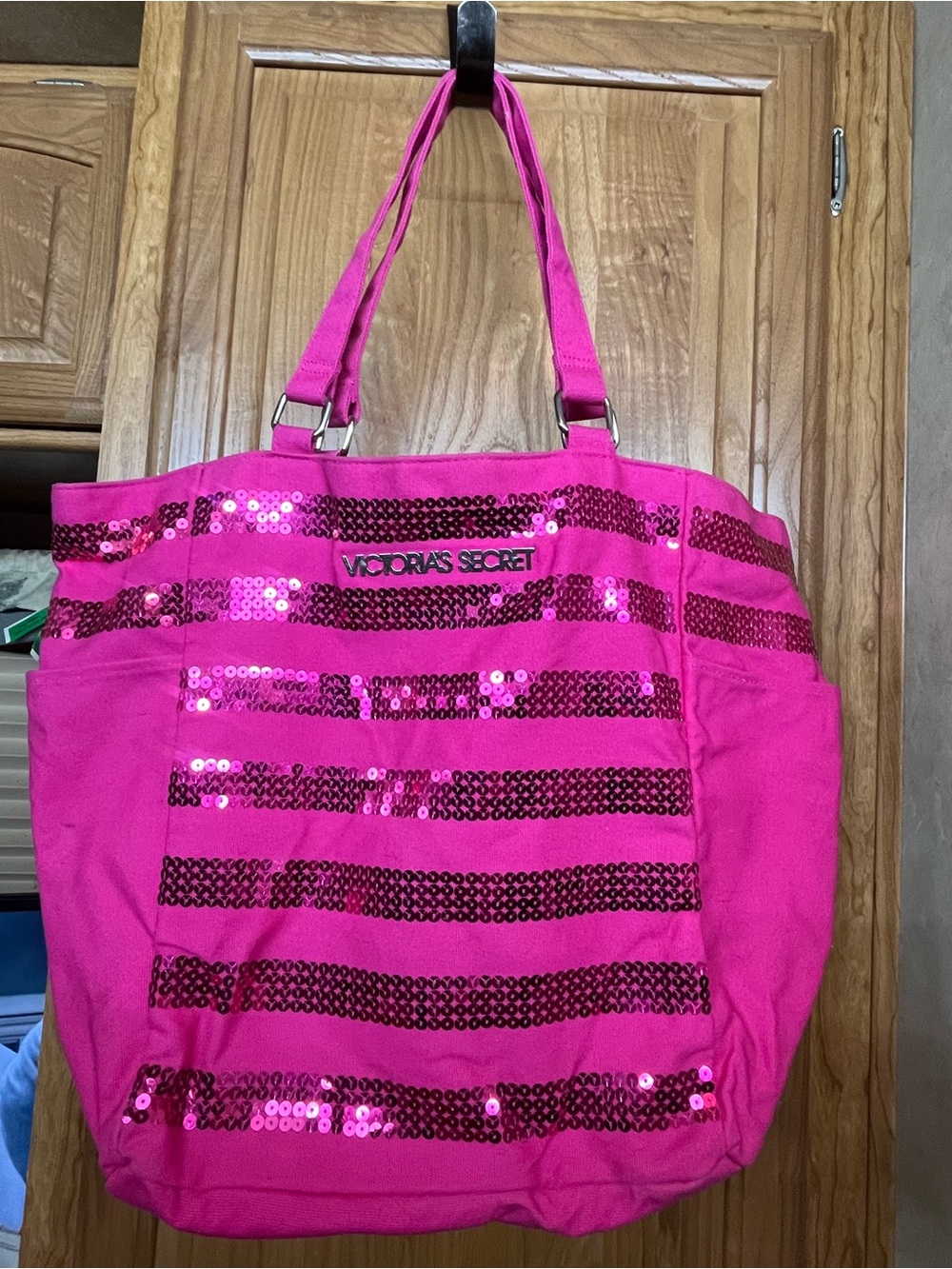 Victoria's Secret Hot Pink Sequin Striped Tote